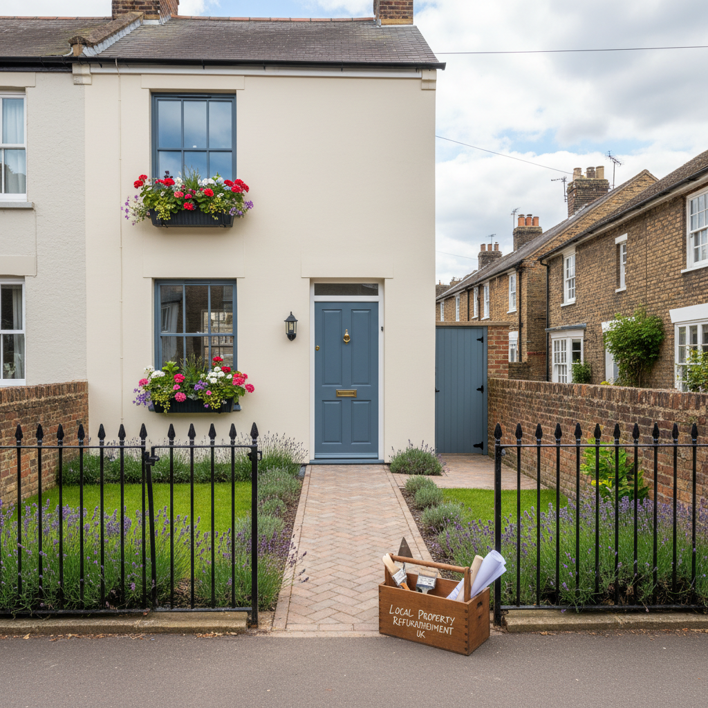 A cream-coloured terraced house with a blue front door and window boxes sits behind a black iron fence and a lavender-lined path, with a wooden tool crate in the foreground.