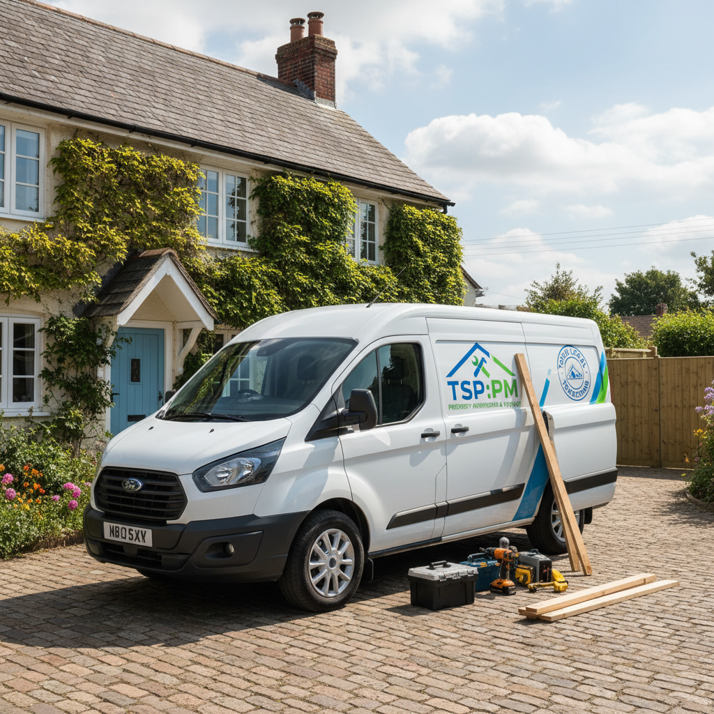 A white TSP:PM branded van parked on a driveway in front of a house with tools and timber planks on the ground.