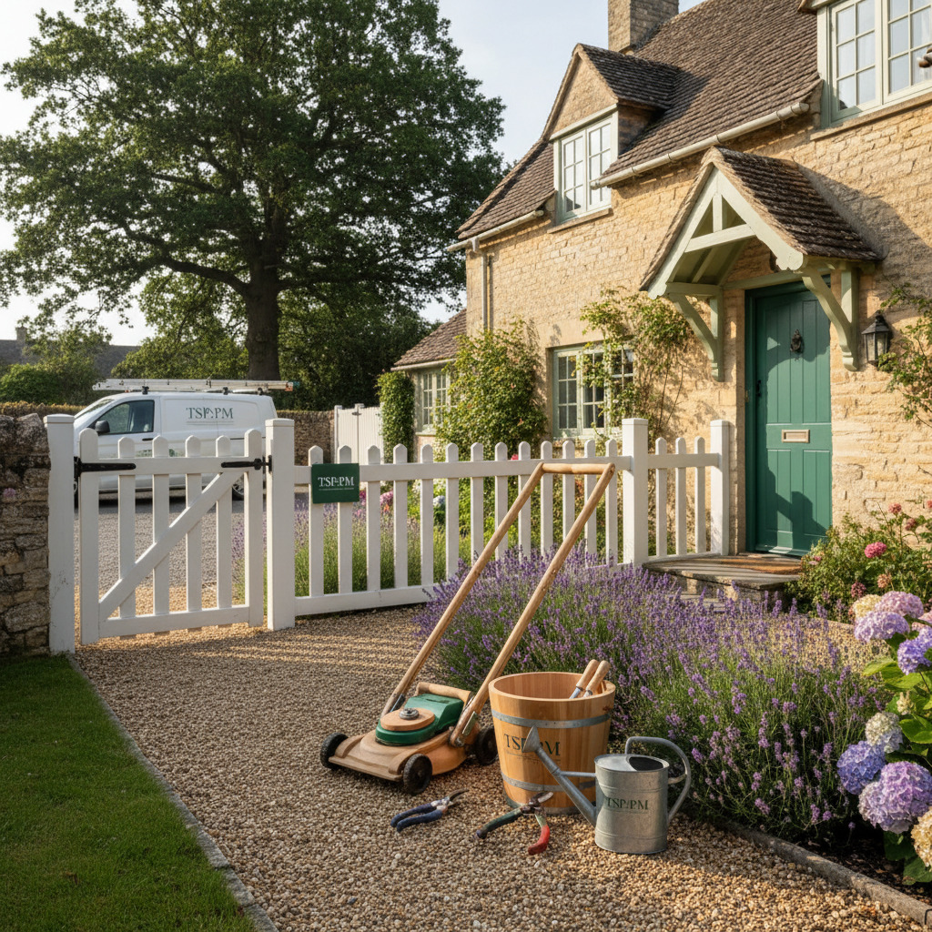 A manual lawnmower, a wooden bucket, and a metal watering can sit on a gravel driveway in front of a stone cottage with a white picket fence and a branded service van.